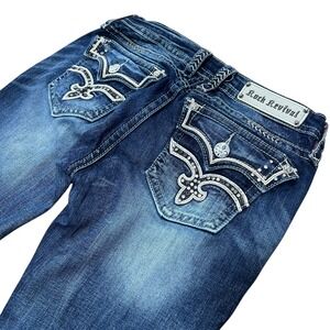 Rock Revival Womens Etty Boot Cut Jeans Size 30 Blue Denim Stretch Damaged Hem